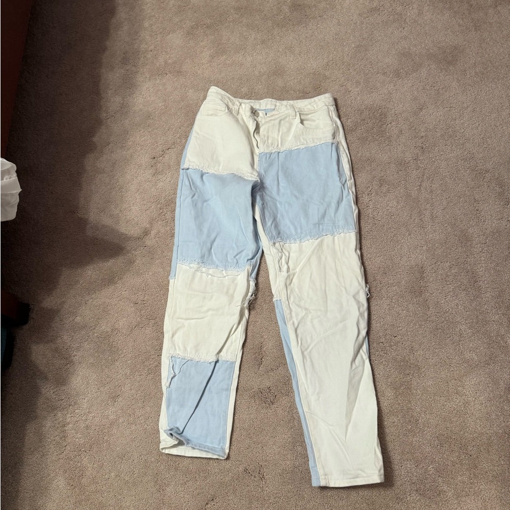 SHEIN Blue and White Patchwork Straight Leg Jeans